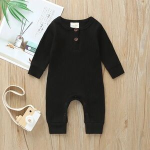 Baby Romper in Black with Henley Button Detail